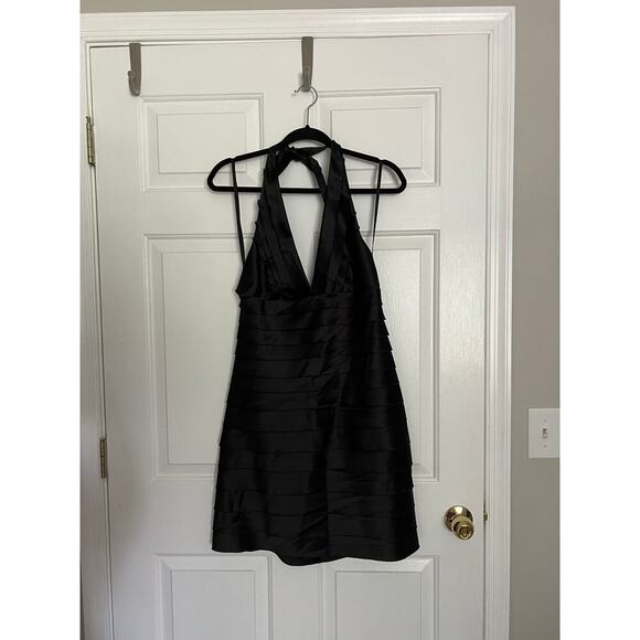 BCBGMaxazria Black Satin Y2K Whimsygoth Halter Cocktail Dress - Picture 1 of 7